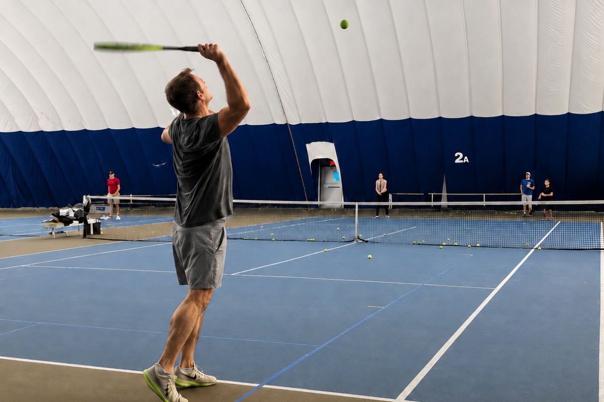 Member serving on an indoor court at Junction Indoor Tennis Center